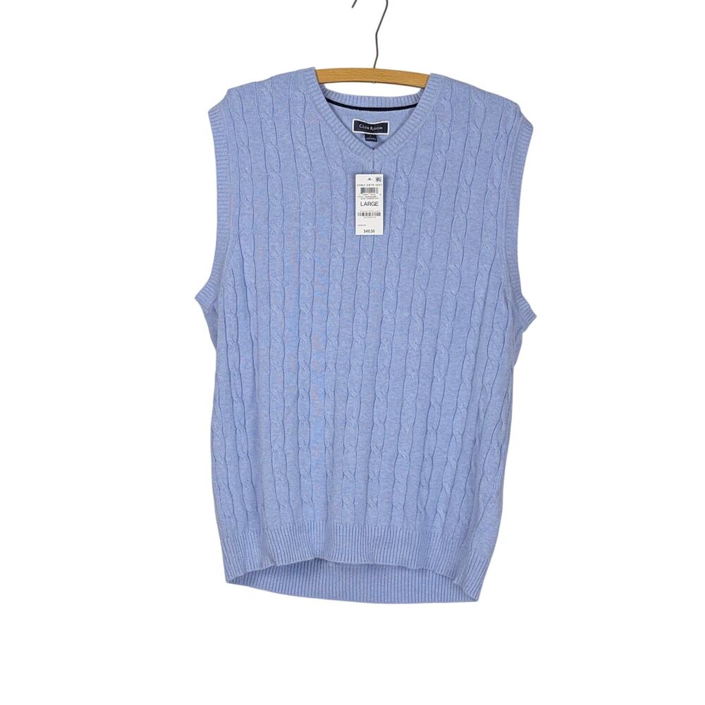 Club Room Sky Blue Cable Knit Sweater Vest Mens L NWT V Neck Preppy